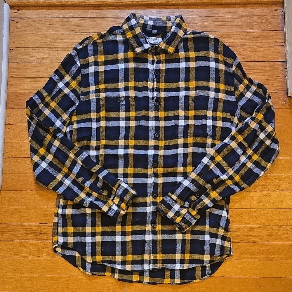 EXPRESS, Navy & Yellow Plaid Flannel, Button Down, 100% Cotton, EUC, Men's XL